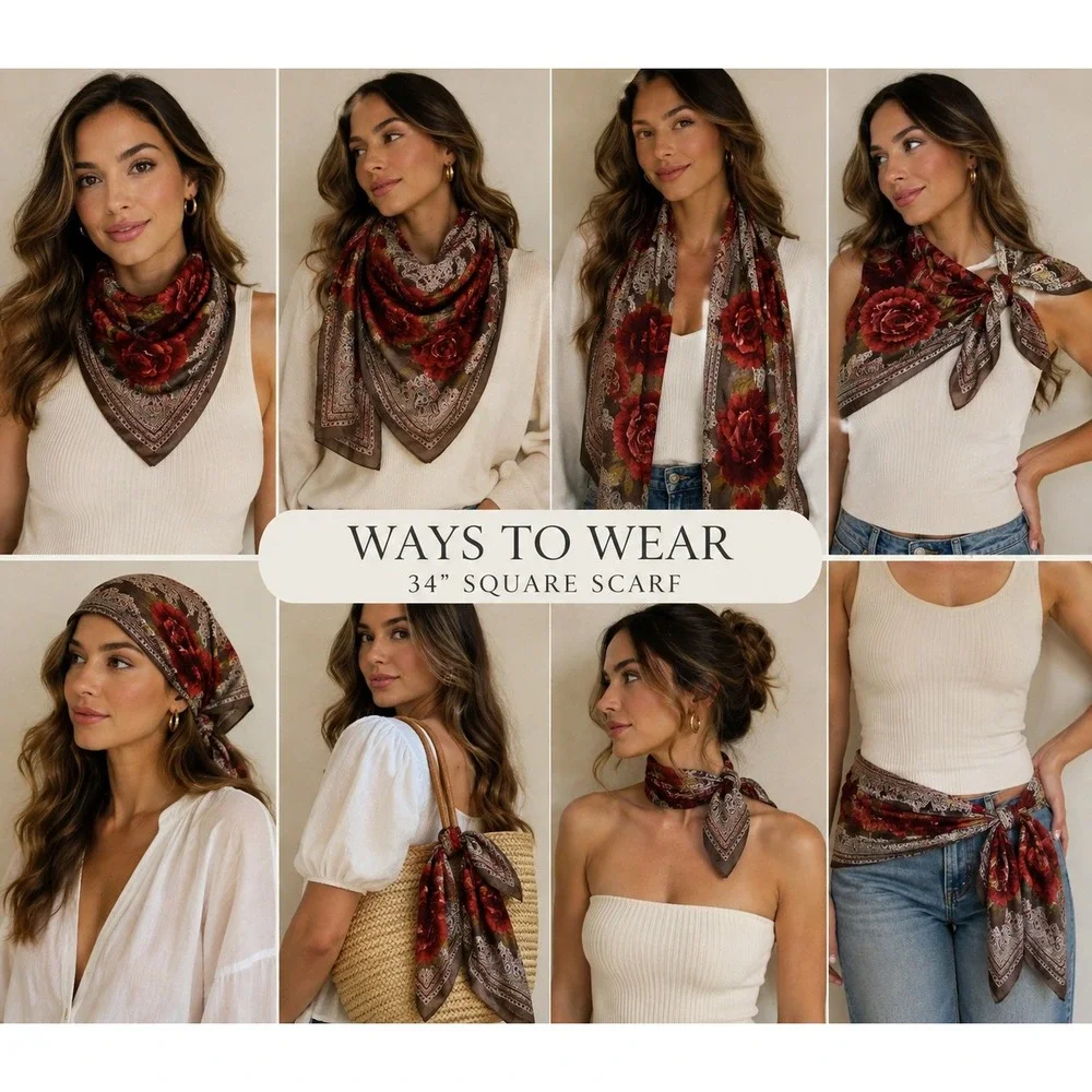 Oscar Scarf Womens 34x34 Brown Red Rose Floral Paisley Romantic Cottagecore